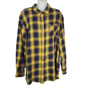 La Miel Shirt Womens Medium Yellow Plaid Flannel Oversized Distressed Raw Hem